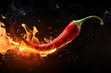 A red chili pepper is shown in a fiery blaze of flames