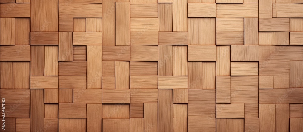 Poster close-up of a wooden wall featuring a geometric pattern of squares, enhancing the texture and design