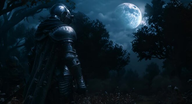 A set of mystical armor displayed in a moonlit clearing, waiting for a hero