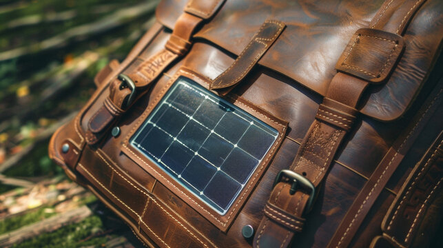 A detailed shot of a handcrafted leather bag featuring a builtin solar panel. The combination of artis leatherwork and ecofriendly technology is evident in the seamlessly