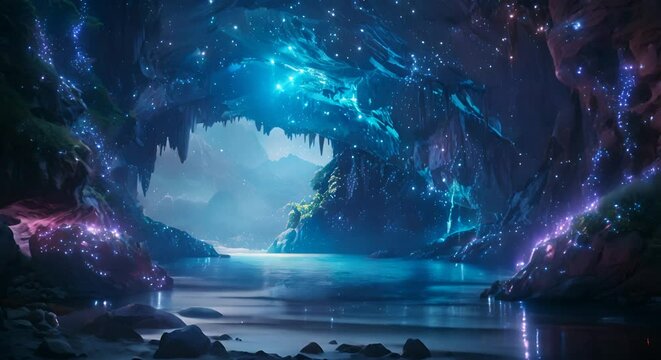 A hidden underwater cave entrance, bioluminescent creatures guiding the way