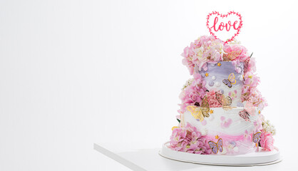 pink wedding cake with decoration with pink flower and cream on white,Food and flower wedding concept. - 766752003