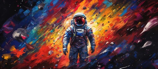A painting of a fictional astronaut in space with a colorful background of electric blue, depicting an otherworldly event in visual arts and animation
