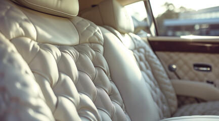 Obraz premium Luxurious white leather back passenger seats in modern stylish luxury car