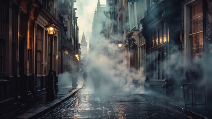 A tranquil stillness settles over the streets interrupted only by the rising steam as it adds a touch of magic to the postrain atmosphere. - obrazy, fototapety, plakaty