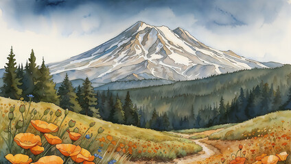Watercolor Illustration - Mt. Shasta, California