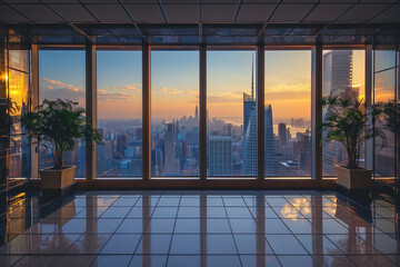 An office view with a beautiful city skyline