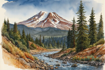 Watercolor Illustration - Mt. Shasta, California - obrazy, fototapety, plakaty