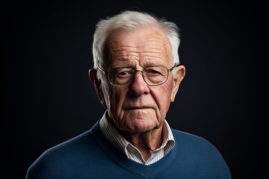 Portrait of an old man with glasses on a dark background.