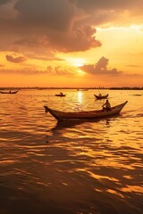 A tranquil scene of Cambodian fishermen in small wooden boats on the Tonle Sap Lake, with floating villages in the background, Generative AI
