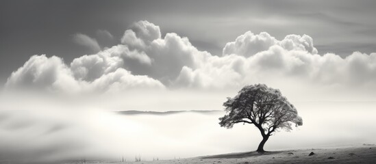 A monochrome photo captures the stark beauty of a lone tree standing tall in a field under a cloudy...