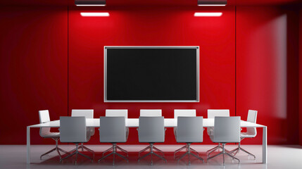 A sleek conference room in bold ruby red, showcasing an empty white frame against a backdrop of modern, minimalist aesthetics.