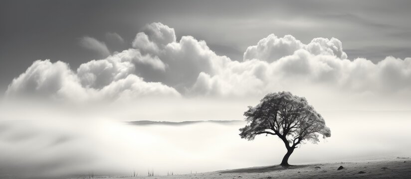 A monochrome photo captures the stark beauty of a lone tree standing tall in a field under a cloudy sky, highlighting the contrasting tints and shades of the natural landscape