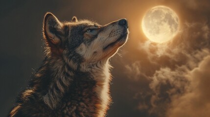 A wolf stares up at the solar eclipse, blending of the wild with celestial events, stark beauty , stock photographic style - obrazy, fototapety, plakaty