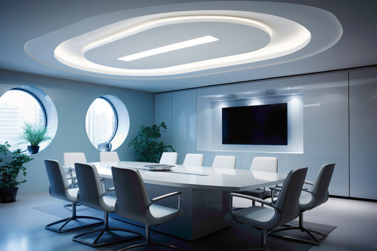 A sleek, brightly lit meeting area with an empty, white picture frame as the centerpiece, radiating a contemporary feel.