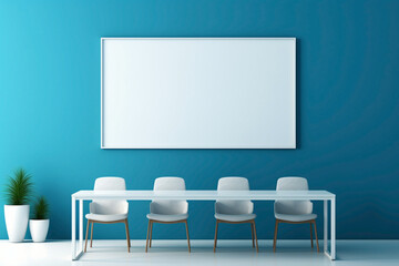 A sleek blue meeting room with a blank white empty frame.