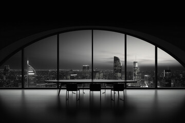 A sleek black and white meeting room with a panoramic city view and a blank white empty frame.