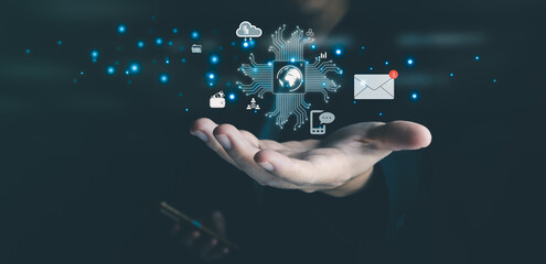 Businessman is showing concept of future technology and internet connection network with AI as...