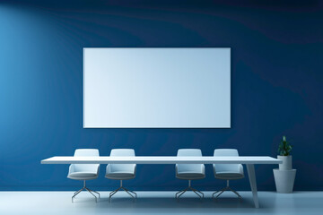 A sleek blue meeting room with a blank white empty frame.