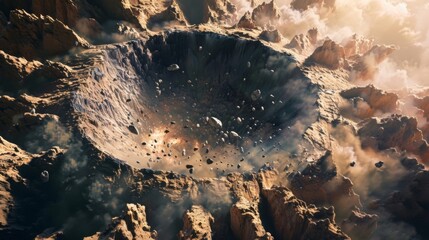 A massive crater surrounded by jagged rocks and dust evidence of the immense force of a meteor impact.