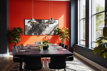 A bright and invigorating meeting room with vibrant coral walls, sleek black furniture, and large windows allowing for ample natural light.