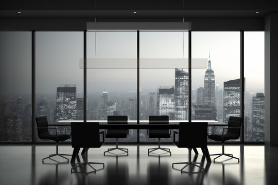 A sleek black and white meeting room with a city skyline view and a blank white empty frame.