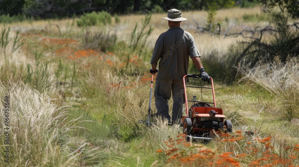 Poster a maintenance worker using a push mower instead of gaspowered equipment demonstrating the use of eco