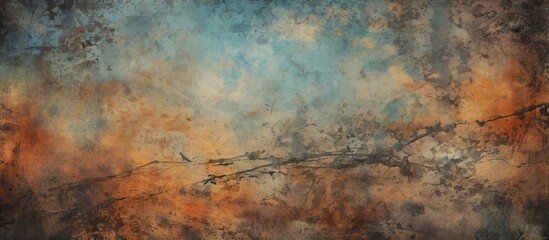A detailed artwork depicting a tree branch against a rusty background with a vivid blue sky in the distance