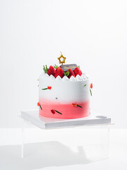 Delicious birthday cake with fresh strawberries, on wooden table and white background. Free space for your text. - 766753866