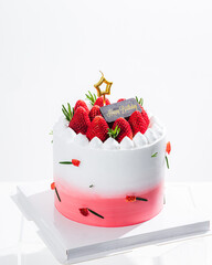 Delicious birthday cake with fresh strawberries, on wooden table and white background. Free space for your text. - 766753872