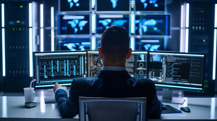 A man in a suit is sitting at a desk with multiple computer monitors in front of him. He is focused on his work, possibly analyzing data or managing a project. The room is well-lit and organized