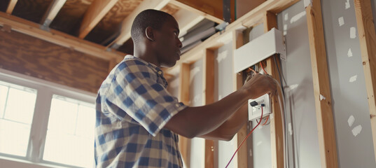 Professional man installing light switch during post-home renovation - obrazy, fototapety, plakaty