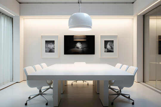 An ultra-modern meeting room characterized by clean lines and subtle elegance. The blank white empty frame mounted on the wall serves as a captivating focal point.