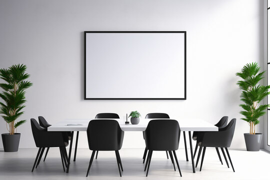 A sleek black and white meeting room with a whiteboard wall and a blank white empty frame.