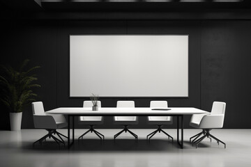 A sleek black and white meeting room with a blank white empty frame.