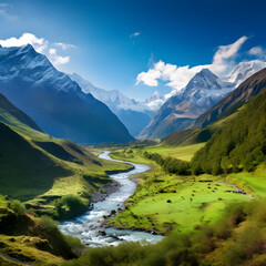 Fototapeta na wymiar Panoramic Vista of A Lush Valley with A Serene River, Enveloped By Snow-Capped mountains and Blue Skies