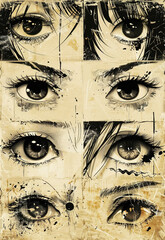 Set of various types of eye drawings, generative ai