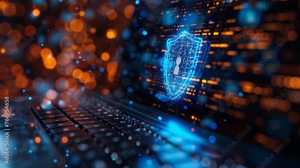 Aufkleber a conceptual image of a laptop with a shield and lock symbol, representing strong security measures 