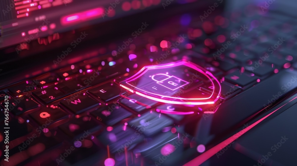 Poster a conceptual image of a laptop with a shield and lock symbol, representing strong security measures 