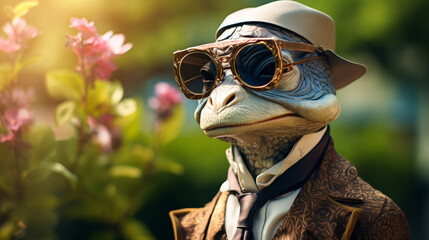 A frog wearing sunglasses and a hat stands in front of a flower. The scene is whimsical and...