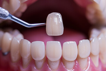 Fototapeta na wymiar Yellow Teeth veneers treatment whitening. Happy smiling person. Generation AI
