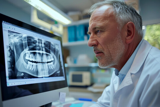 A dentist showcases an X-ray of a patient's teeth detailed X-ray on the monitor . AI Generative