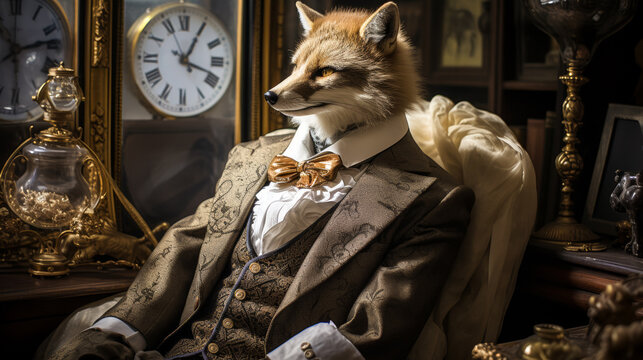 A fox is dressed in a suit and tie, sitting in front of a clock. The image has a whimsical and playful mood, as the fox is not a typical subject for a portrait