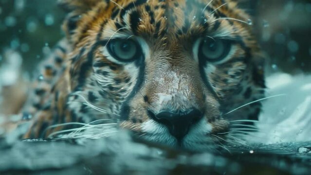 A tiger is swimming in the water with its eyes closed. The water is clear and calm. The tiger is the main focus of the image 4K motion