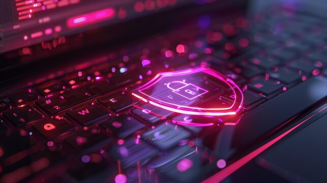 A conceptual image of a laptop with a shield and lock symbol, representing strong security measures and data protection