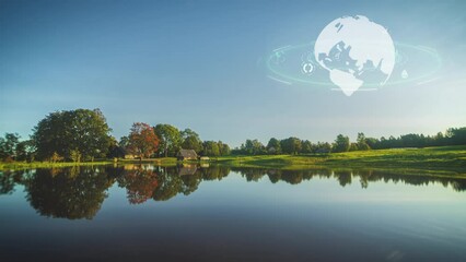 Four season timelapse with lake and spinning planet overlay