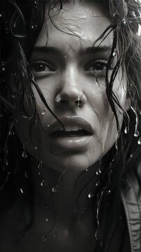 A woman with wet hair and a sad expression. The image is black and white. The woman's hair is wet and she is crying