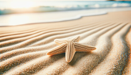 Starfish rests on the rippled sand with the ocean horizon in the background. - obrazy, fototapety, plakaty