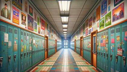 Brightly lit school hallway featuring rows of turquoise lockers and colorful wall posters.