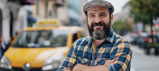 Confident bearded taxi driver standing by cab, wearing hat and smiling at camera